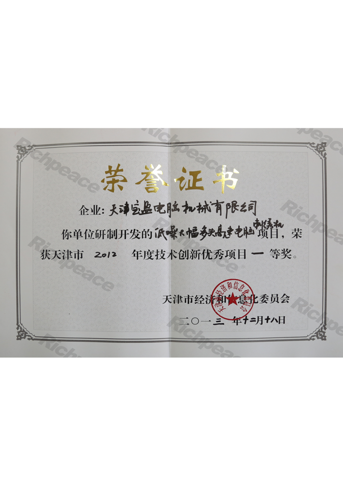 技術創新優秀項目一等獎（低噪大幅多頭高速電腦刺繡機）